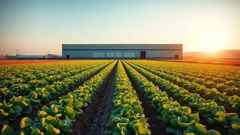 Weites Gemüsefeld im Marchfeld bei Sonnenaufgang mit einer Industriehalle im Hintergrund, die an den Standort Agrana Leopoldsdorf erinnert – Symbolbild, KI-erzeugt