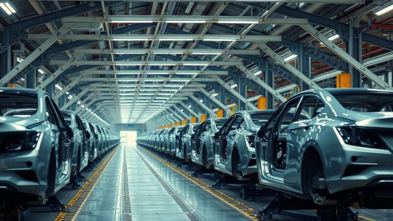 Produktionshalle mit unfertigen Fahrzeugkarosserien, die den Rückgang bei den Audi-Verkäufen im Hintergrund symbolisieren – Symbolbild, KI-erzeugt