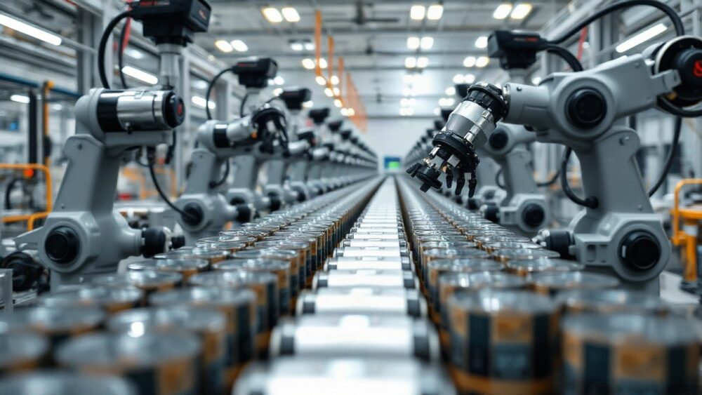 Automatisierte Fertigungslinie für Rundzellen symbolisiert die neue BMW Batterieproduktion in einer modernen Fabrikhalle – Symbolbild, KI-erzeugt