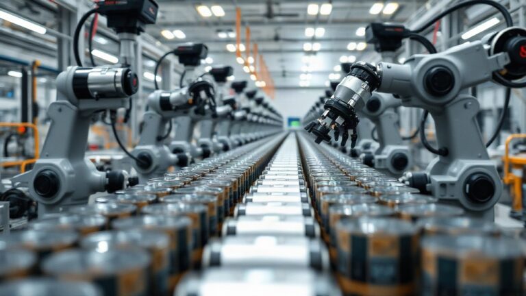 Automatisierte Fertigungslinie für Rundzellen symbolisiert die neue BMW Batterieproduktion in einer modernen Fabrikhalle – Symbolbild, KI-erzeugt