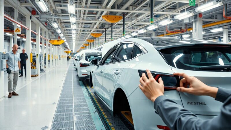 Produktionslinie für Elektrofahrzeuge in einer Autofabrik, passend zu den aktuellen BMW Quartalszahlen mit wachsendem Elektroanteil – Symbolbild, KI-erzeugt