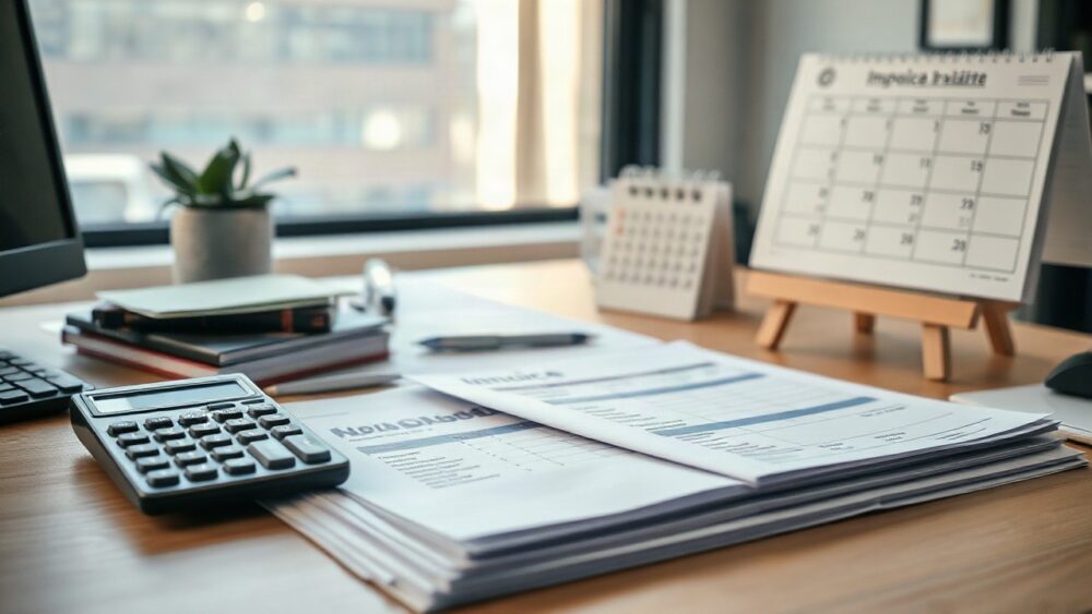 A close-up office desk scene with stacks of unpaid invoices, a calculator and a calendar showing overdue payment dates, soft morning light through an office window, no people, no l – Symbolbild, KI-erzeugt