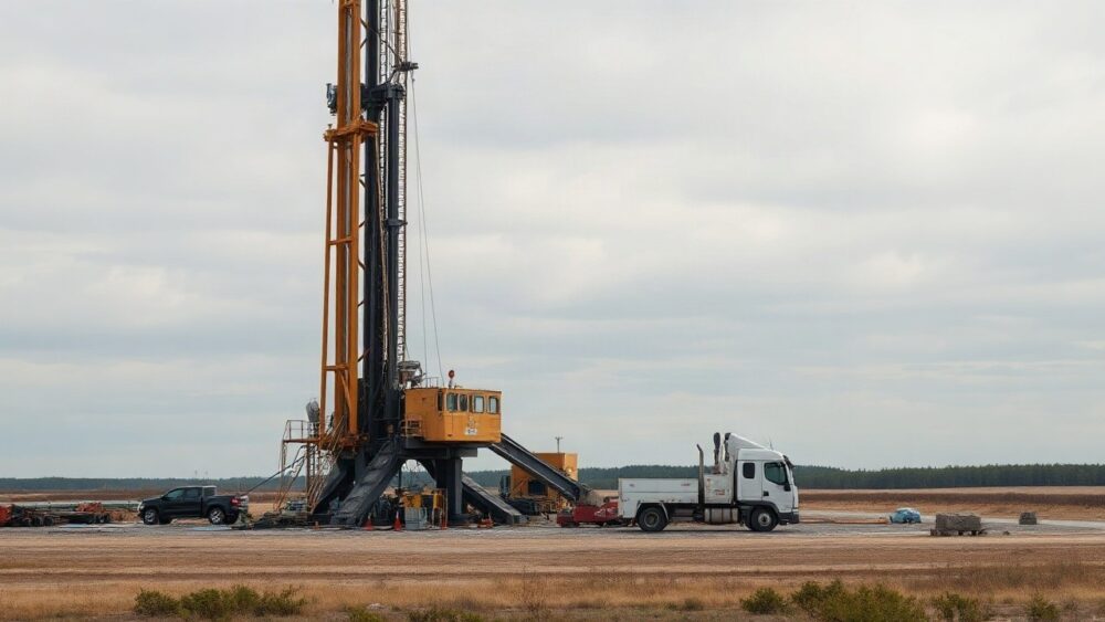 A drilling rig at a geothermal construction site in an industrial area, tall metal derrick structure, pipes and machinery on open ground, overcast daylight, wide shot, no people cl – Symbolbild, KI-erzeugt