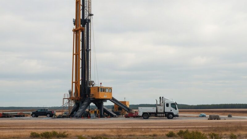 A drilling rig at a geothermal construction site in an industrial area, tall metal derrick structure, pipes and machinery on open ground, overcast daylight, wide shot, no people cl – Symbolbild, KI-erzeugt