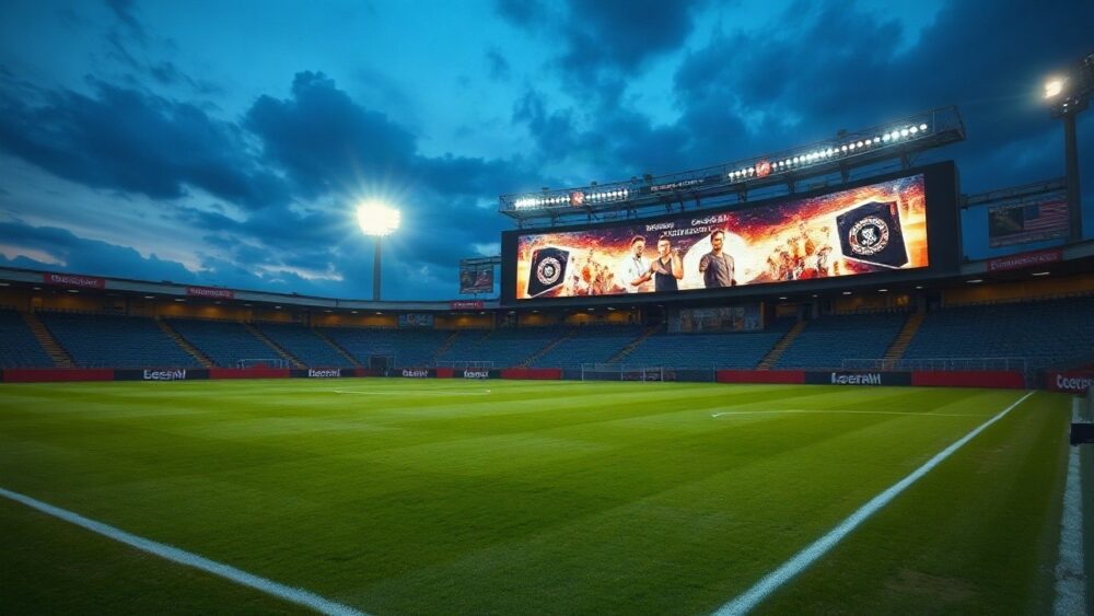 Digitale Werbebande in einem leeren Fußballstadion bei Dämmerung, sinnbildlich für die EvoNext Ascend Fusion im Sporttechnologie-Markt – Symbolbild, KI-erzeugt