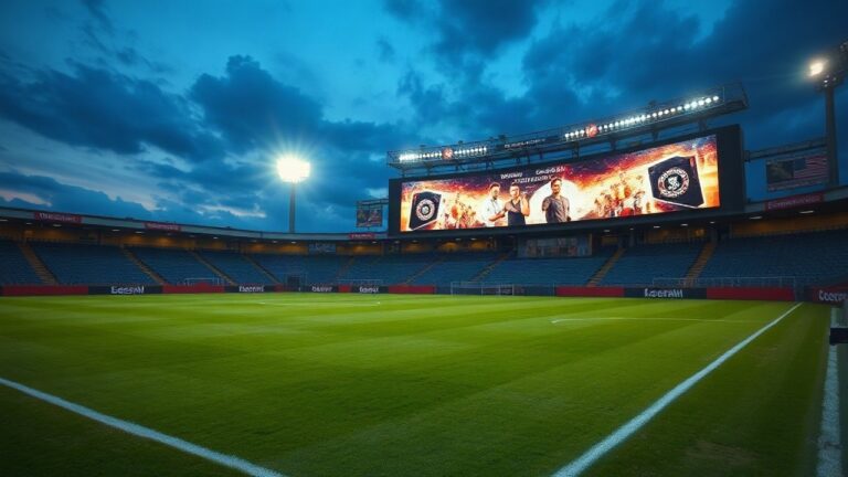 Digitale Werbebande in einem leeren Fußballstadion bei Dämmerung, sinnbildlich für die EvoNext Ascend Fusion im Sporttechnologie-Markt – Symbolbild, KI-erzeugt