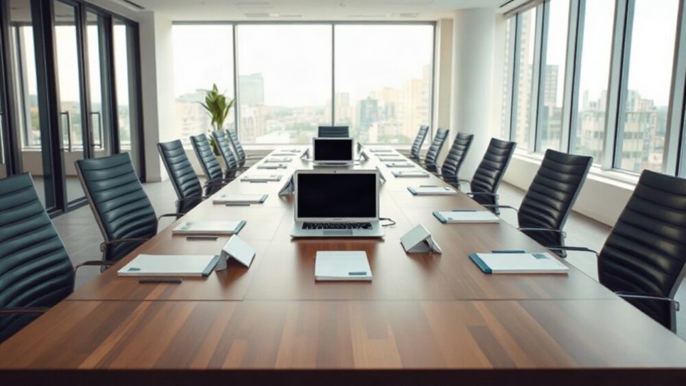 A modern office meeting room with a long table, empty chairs, laptops and documents neatly arranged, soft daylight coming through large windows, no people, no logos, no text visibl – Symbolbild, KI-erzeugt