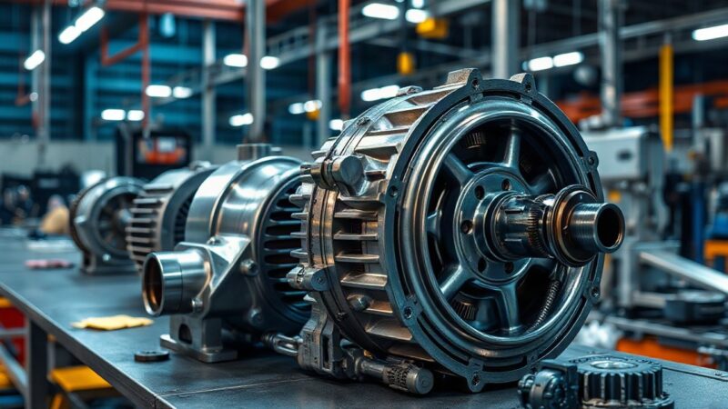 Nahaufnahme eines Elektromotor-Gehäuses auf einem Montageband, wie es InfiMotion für E-Antriebssysteme mehrerer Automarken fertigt – Symbolbild, KI-erzeugt