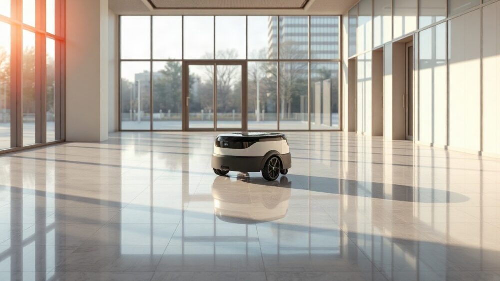 Ein autonomer Reinigungsroboter bewegt sich durch eine helle Bürolobby, wie ihn Leitbetriebe Austria als Zukunftstechnologie im Facility-Bereich vorstellt – Symbolbild, KI-erzeugt