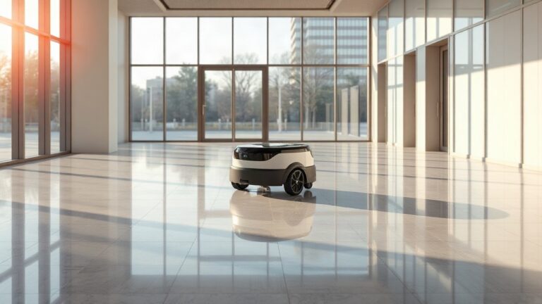 Ein autonomer Reinigungsroboter bewegt sich durch eine helle Bürolobby, wie ihn Leitbetriebe Austria als Zukunftstechnologie im Facility-Bereich vorstellt – Symbolbild, KI-erzeugt