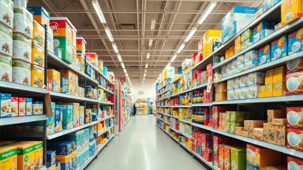 A bright household goods discount store aisle with shelves full of colorful kitchenware, storage boxes and home decor items, wide angle, daytime interior lighting, no people, no vi – Symbolbild, KI-erzeugt