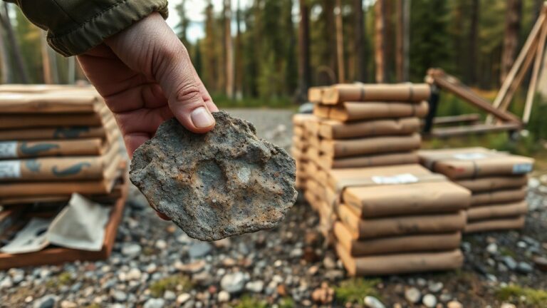 A close-up outdoor scene of mineral exploration: a geologist's hand holding a rock core sample with visible mineral veins, drill core boxes stacked nearby on forested ground, soft – Symbolbild, KI-erzeugt