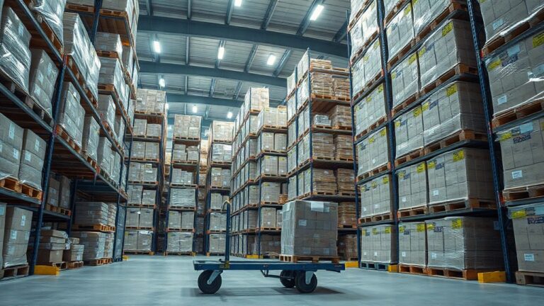 A wholesale warehouse interior with tall shelving stacked with pallets of packaged goods, a flatbed trolley in the foreground, cool fluorescent light, wide angle, no people, no log – Symbolbild, KI-erzeugt