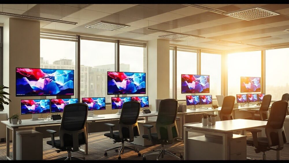 Ein leerer Büroarbeitsplatz mit mehreren Bildschirmen symbolisiert den Netflix-Stellenabbau in der Konzernzentrale – Symbolbild, KI-erzeugt
