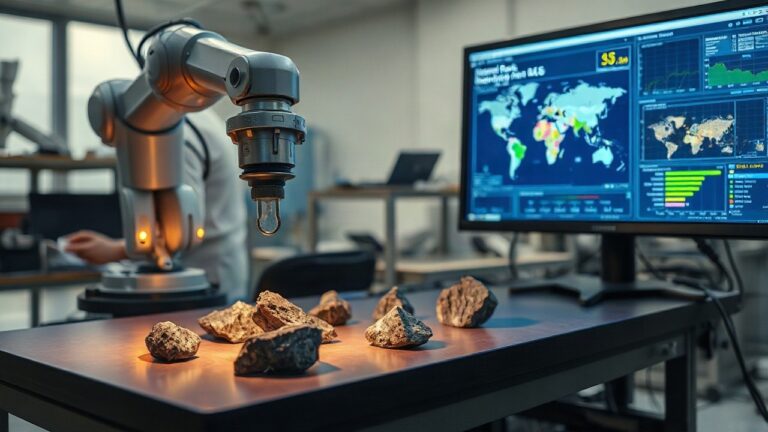 Ein Roboterarm untersucht Gesteinsproben im Rahmen der neuen KI-Strategie von NRED Mining – Symbolbild, KI-erzeugt