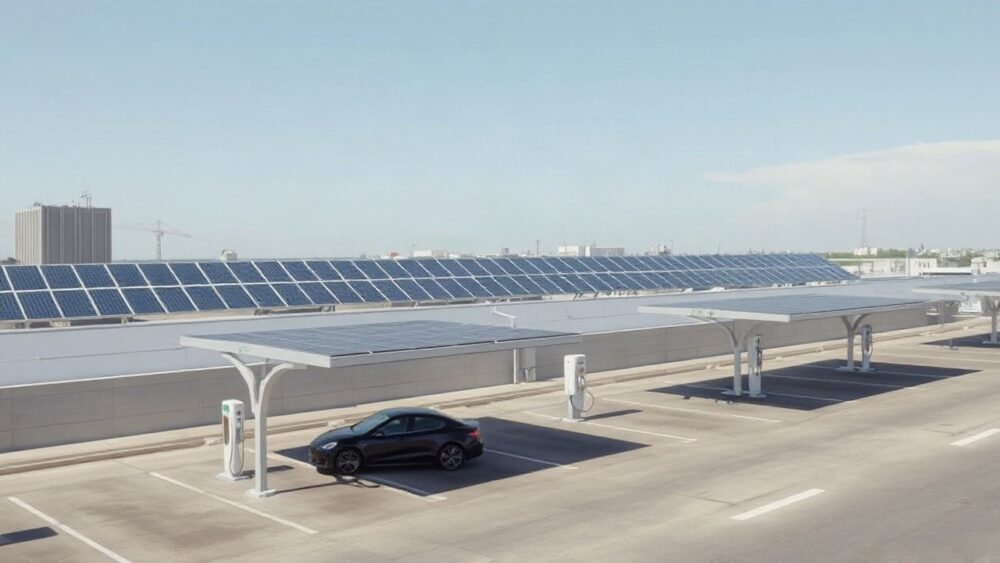 A modern industrial rooftop with rows of solar panels under bright daylight, a nearby carport structure also covered with solar panels, and an electric vehicle charging station in – Symbolbild, KI-erzeugt