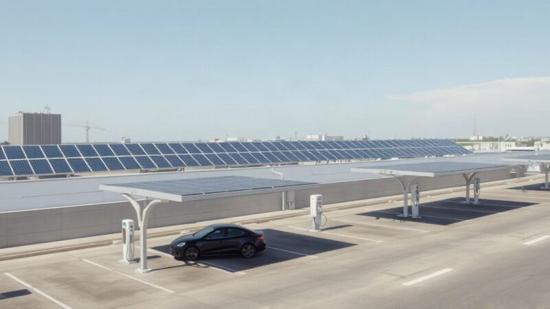 A modern industrial rooftop with rows of solar panels under bright daylight, a nearby carport structure also covered with solar panels, and an electric vehicle charging station in – Symbolbild, KI-erzeugt