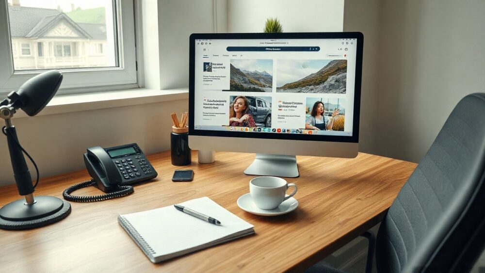 A quiet newsroom-style desk scene: a computer monitor displaying abstract news feed layouts, a notepad, a cup of coffee and a telephone on a wooden desk, soft daylight from a windo – Symbolbild, KI-erzeugt