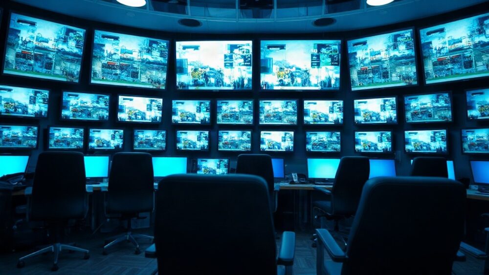 Ein leerer Regieraum eines Fernsehsenders mit mehreren Bildschirmen symbolisiert die Folgen der Warner Bros Übernahme für die Nachrichtensender – Symbolbild, KI-erzeugt