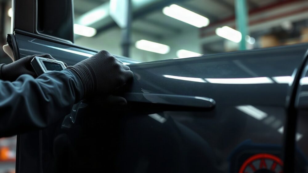 A close-up photo of a car body repair workshop, a technician's gloved hands measuring a dented car door panel with a digital tool, bright overhead workshop lighting, blurred car pa – Symbolbild, KI-erzeugt