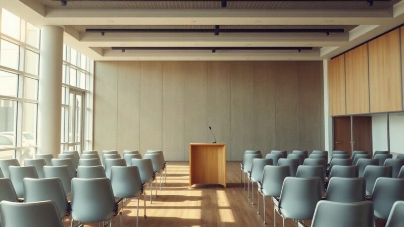 A modern conference hall with rows of empty chairs facing a podium with microphones, soft daylight through large windows, no people, no logos, no signage, wide angle, 16:9 – Symbolbild, KI-erzeugt