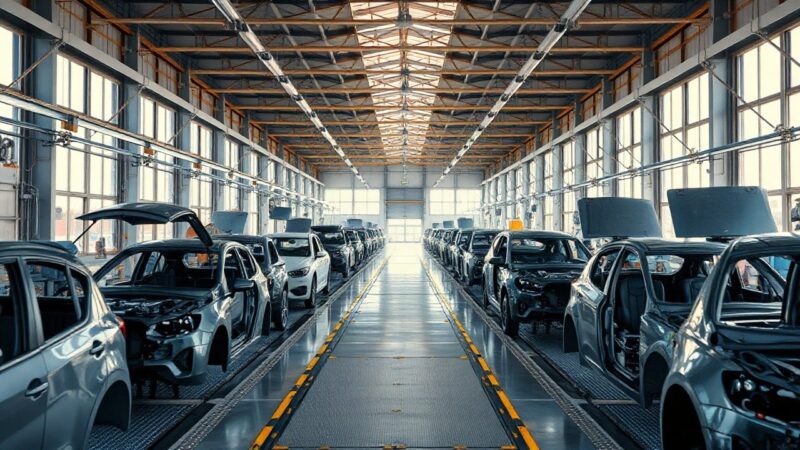 Produktionshalle eines Automobilwerks, die den geplanten VW Gehaltsstopp für Beschäftigte in der Fertigung thematisiert – Symbolbild, KI-erzeugt